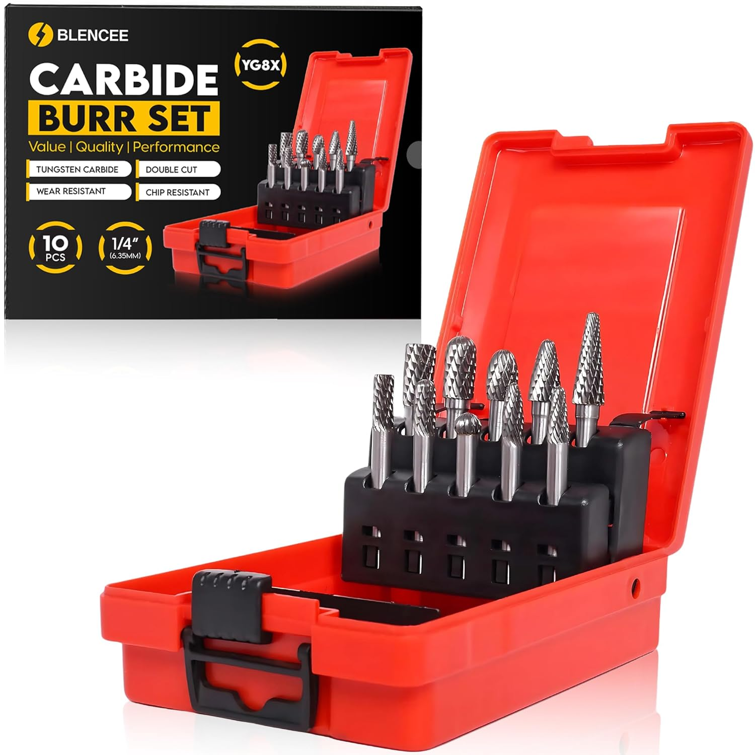 BLENCEE Tungsten Carbide Burr Set — 10 Pcs, Double Cut, 1/4" (6.35mm) Shank (YG8X)